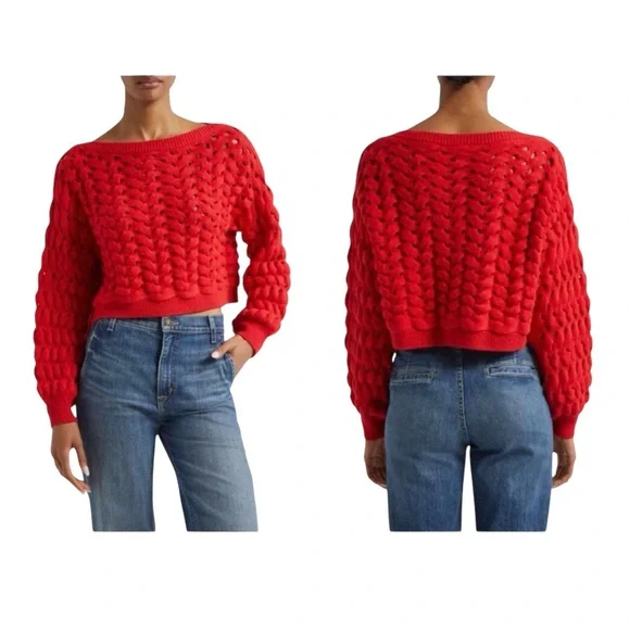 Alice + Olivia Bright Ruby Red Allene Cable Stitch Chunky Wool Sweater Sz. SP - Picture 1 of 11